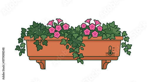 Brown Wooden Planter Box with Flowers.