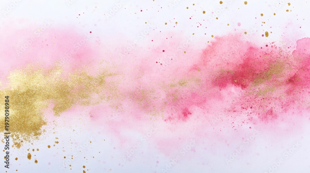 Obraz premium Soft pink watercolor cloud with gold powder splashes across a pale background, ethereal horizontal composition