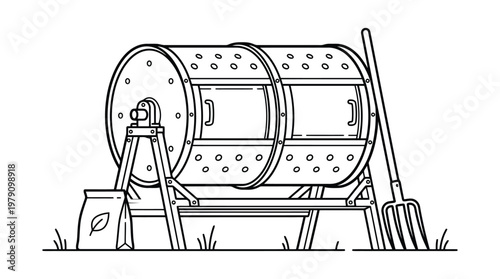 Compost Tumbler with Shovel and Stand.