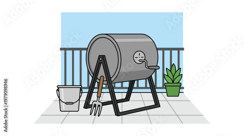 Composter on a patio outdoors.