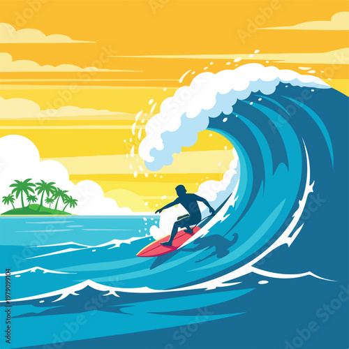 A surfer rides a red surfboard on a large blue wave