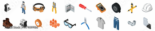 Isometric Collection of Electrician Tools, Professional Equipment, Safety Gear, and Work Uniform Icons for Electrical Maintenance and Construction Projects.