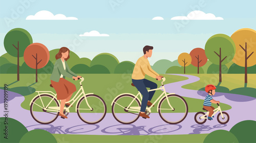 Family riding bicycles on pathway.