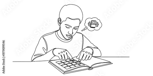 A young student looking at an open book while dreaming about exercising with heavy gym weights