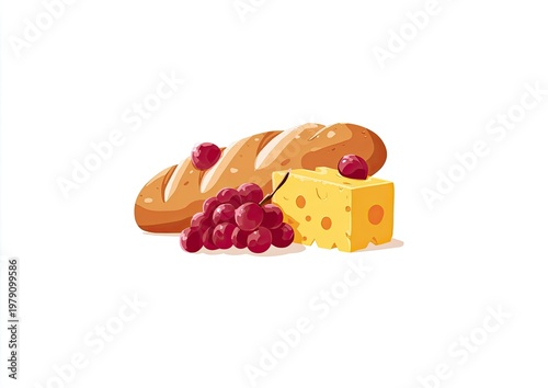 A crusty loaf of bread rests near red grapes and a block of Swiss cheese