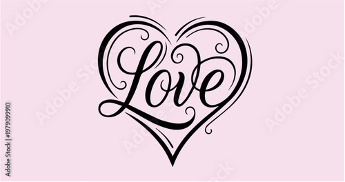 Elegant Heart Calligraphy "Love" Typography with Ornate Decorative Flourishes

