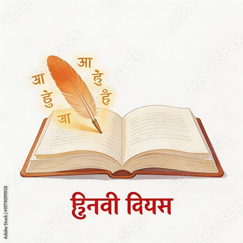 Illustrative image for Hindi Diwas: Open book with feather pen, Hindi script 'Main Hun Ja' (I am Ja) around, celebrating Hindi language day and literacy.