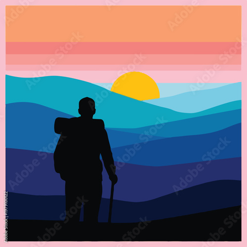 Silhouette of a man hiking with a backpack and walking stick at sunset