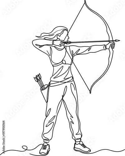 Continuous line drawing of female archer aiming bow and arrow showing focus precision strength and outdoor sport activity concept