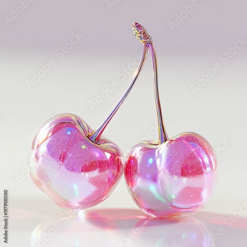 Two glossy, iridescent cherries with stems, rendered in soft lighting against a gradient backdrop