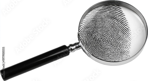 Magnifying glass reveals intricate details of a fingerprint, isolated on white