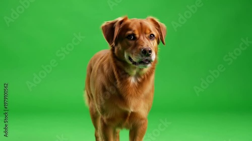 Brown dog walking green screen towards camera