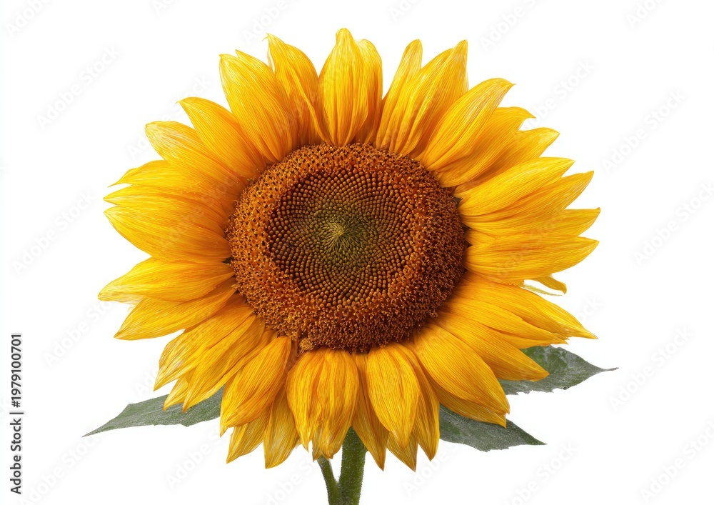Fototapeta premium Vibrant sunflower with golden petals and dark center, isolated on white