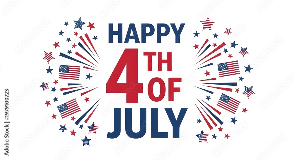 Obraz premium Happy 4th of july celebration design with fireworks and american flags isolated on white background