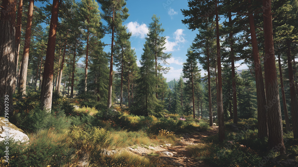 Obraz premium Sunlit forest with tall trees and path leading through the green lush of vegetation under blue sky