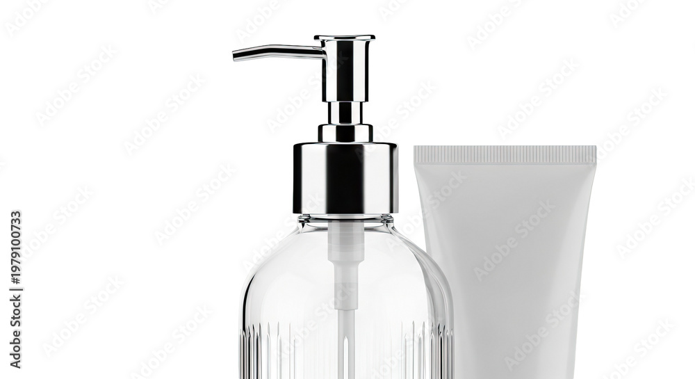 Fototapeta premium Clear Dispenser Bottle with Chrome Pump and White Tube
