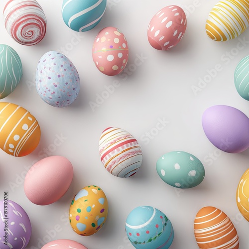 Assortment of pastel-colored decorated eggs on a white background, Easter-themed