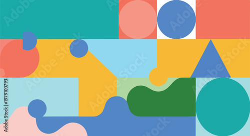 A vibrant abstract composition featuring irregular shapes and colors