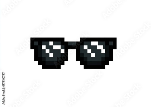 Pixelated sunglasses, black frames and lenses, reflecting light, isolated on white