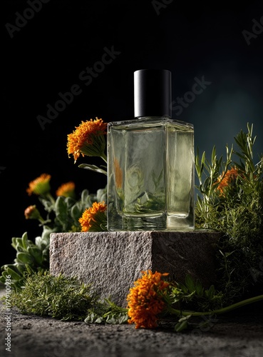 Perfume bottle on stone pedestal, surrounded by orange flowers and green foliage, dark background
