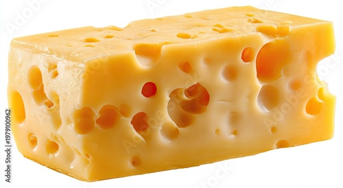 A block of Swiss cheese with prominent holes against a white background
