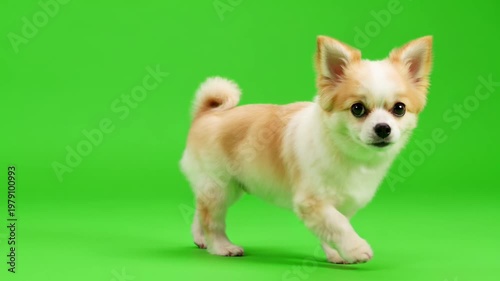 Cute chihuahua dog walking green screen in studio