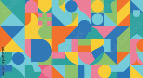 A vibrant abstract composition of various colorful geometric shapes