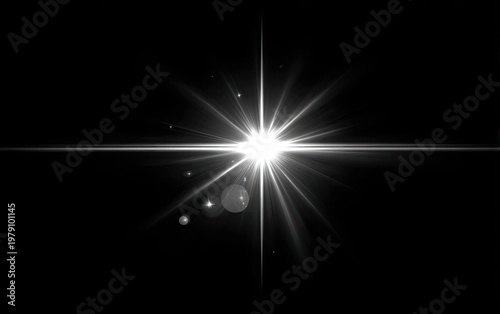 Bright white starburst emanating light with lens flares, against a stark black background