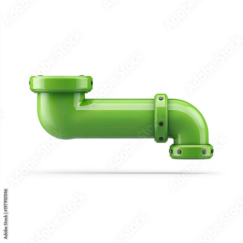 Isolated glossy green pipe section with bolted flanges, curving from left to right