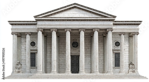 Imposing neoclassical facade with tall columns, pediment, and symmetrical design