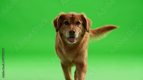 Happy Golden Dog Walking Green Screen Studio Background