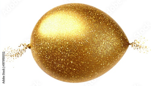 A shimmering golden balloon covered in glitter, with curly ribbons emerging