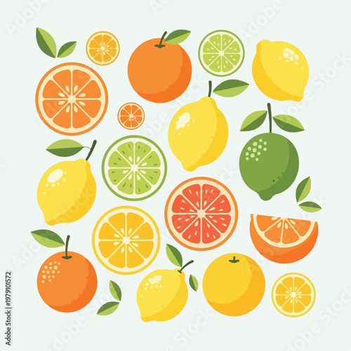 A vibrant arrangement of citrus fruits on a white background