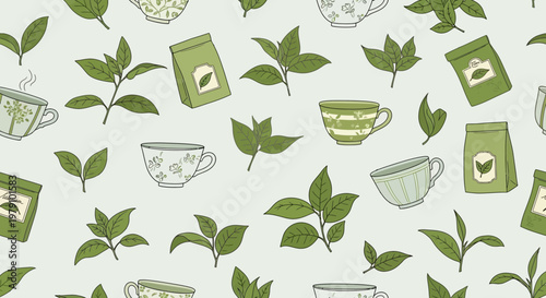 Hand-drawn Green Tea Pattern: Cups, Leaves, and Tea Bags on a Light Background