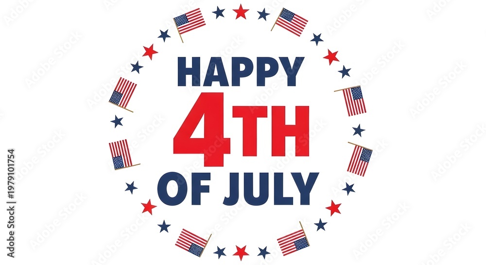 Obraz premium Happy 4th of july celebration greeting card design with american flags and stars isolated on white background