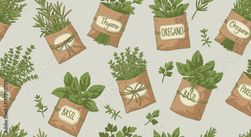 Herbs in Paper Packets Seamless Pattern: Basil, Oregano, Thyme, Rosemary