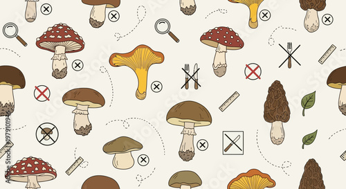 Mushroom Pattern: Variety of Edible and Poisonous Fungi with Magnifying Glass and Cutlery Icons