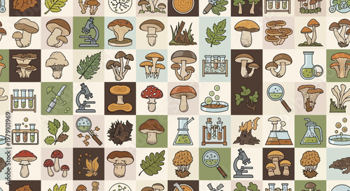 Mushroom Science Pattern: Fungi, Botany, Microscopy, Lab Research, Nature Elements
