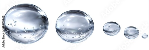 Five clear, spherical droplets diminishing in size, with internal bubbles, against a white background