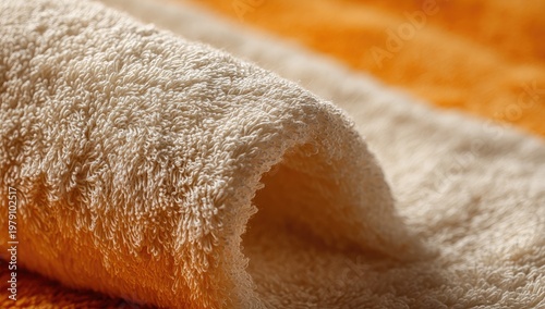 Close-up of rolled, striped, textured towel; soft ivory and orange hues in focus