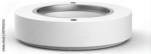 A white cylindrical device with a recessed metallic interior, two small dots, and a bottom ring