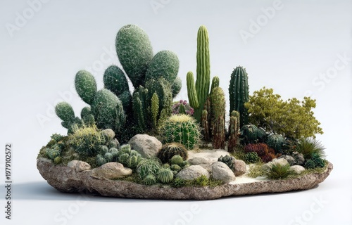 Miniature desert garden on a rock, featuring various cacti, succulents, and stones