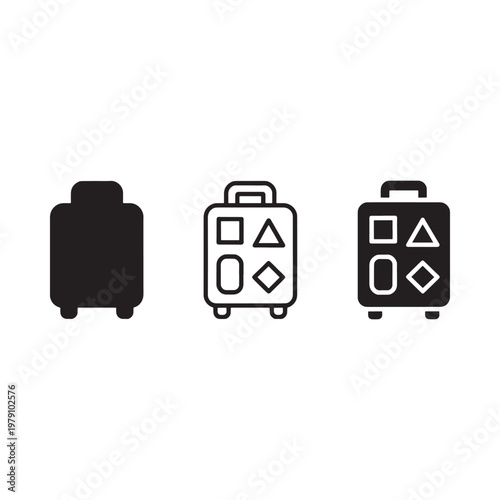 Three black suitcase icons with varying geometric designs on a white background