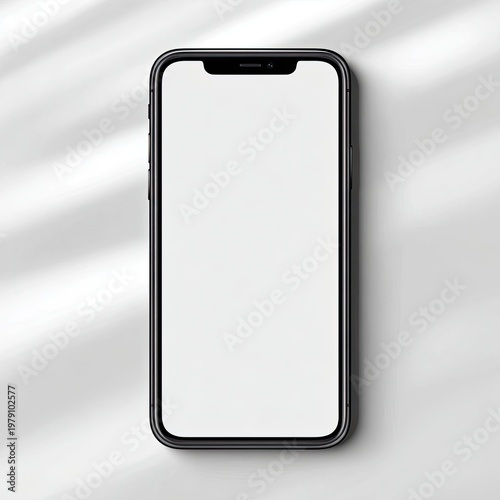 A vertical, centered smartphone with a blank white screen, casting shadows, on a white surface