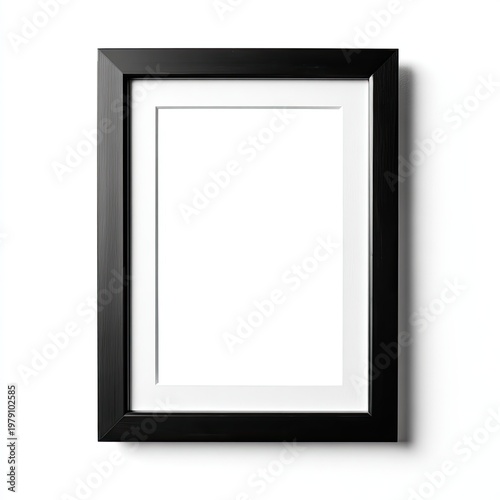 An empty rectangular picture frame, black with a white mat, casting a shadow on a white background