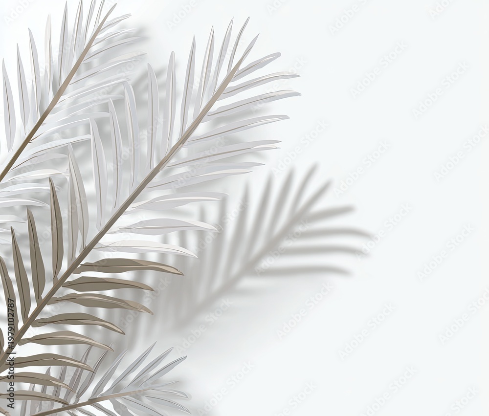 Fototapeta premium Delicate digitally rendered palm fronds in muted tones with shadows, set against white