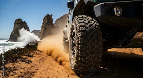 Action shot of an SUV driving off-road along a scenic coastline kicking up sand and dirt