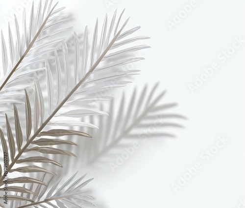 Delicate digitally rendered palm fronds in muted tones with shadows, set against white