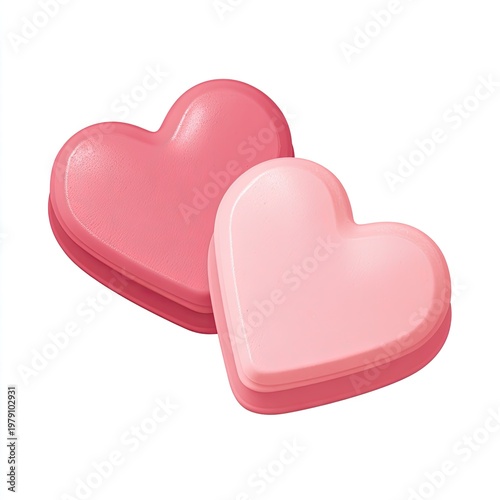 Two pink heart-shaped objects, one slightly tilted, appear stacked against a white background