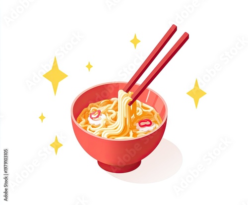 Illustration of a red bowl of ramen with chopsticks and surrounding stars